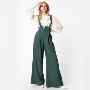 NWOT Rare Unique Vintage Windowpane Emerald Rochelle Plaid Suspender Pants